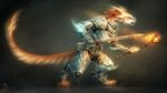  2014 abstract_background armor charr claws fangs feline female fur glowing guild_wars hair horn landylachs mammal melee_weapon multiple_ears red_hair solo spikes sword torch video_games weapon 