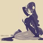  anthro bedroom_eyes big_breasts breasts cleavage clothed clothing costume cutie_mark elvira equine female friendship_is_magic fur hair hooves horn kneeling legwear lipstick lizombie long_hair looking_at_viewer mammal monochrome my_little_pony raised_arm rarity_(mlp) solo stockings unicorn 