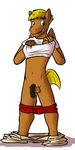  5_fingers animal_genitalia anthro balls black_penis blonde_hair brown_fur brown_pants clothing dewey equine fan_character fur fuze hair horse horsecock male mammal my_little_pony navel partially_clothed penis pony red_underwear simple_background smile solo underwear undressing white_shirt 