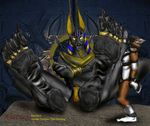  anthro anubis bdsm bondage bound canine deity egyptian fox gay giant harness kharnak male mammal muzzle_(object) muzzled pawpads paws ring size_difference slave worship 