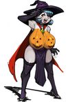  2014 anthro big_breasts bittenhard blue_hair breasts cape clothed clothing costume elbow_gloves female gardevoir gloves hair half-dressed hat high_heels huge_breasts humanoid jack_o&#039;_lantern legwear loincloth magic_user nintendo open_mouth orange_eyes plain_background pok&eacute;mon pumpkin shiny_pok&eacute;mon solo standing stockings topless video_games white_background wide_hips witch witch_hat yellow_eyes 