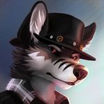  angry anthro bust_portrait canine close-up cowboy_hat fluffy fur grey_fur hat havoas male mammal marks portrait realistic red_eyes side_view smile solo stripes thanshuhai white_fur wolf 