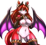  2014 anthro areola big_breasts blue_eyes blush breasts collar demon_horns female hair horn long_hair looking_at_viewer membranous_wings mnxenx001 navel nipples plain_background pussy red_hair scar solo standing white_background wide_hips wings xennie 