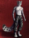  abstract_background anthro camo claws clothing feline fur green_eyes grey_fur grey_hair hair leopard looking_at_viewer male mammal navel pants snow_leopard solo spots standing tattoo toe_claws topless white_fur ykoriana 