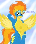  abstract_background anthro bedroom_eyes big_breasts breasts clothing equine eyewear feathers female friendship_is_magic fur goggles hair hi_res looking_at_viewer mammal my_little_pony navel nipples orange_eyes orange_hair pegasus presenting raised_arm sct-trigger1221 smile solo spitfire_(mlp) two_tone_hair wings wonderbolts_(mlp) wonderbolts_uniform 