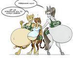  2014 anthro belly big_belly blue_eyes brown_eyes cheetah cleavage clothed clothing donkey english_text equine eyewear fangs feline female glasses green_eyes group hooves hyper hyper_pregnancy mammal plain_background pregnant riddleaellinea text white_background 
