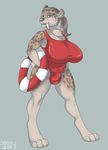  2014 anthro big_breasts blue_eyes breasts brown_hair brown_nose bulge clothing dbd dickgirl fangs fur grey_fur hair intersex life_preserver lifeguard plain_background ponytail sabertooth solo spots standing teeth tight_clothing whiskers 