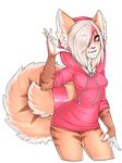  anthro cat clothing ear_piercing feline female hair jacket jewelry looking_at_viewer mammal multicolored_hair necklace piercing pink_eyes smile solo standing vanilla xenthyl 