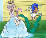  animal_ears bdsm blue_hair bondage bound capcom cat cat_ears claws clothed clothing darkstalkers diaper diaper_inflation duo felicia_(darkstalkers) feline female hair long_hair mammal mouse rodent video_games water water_inflation 
