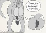  anal anal_insertion anal_penetration anthro bent_over big_breasts big_butt blush breasts butt dialogue dildo double_dildo female hair insertion kangaroo mammal marsupial mature monochrome nude penetration plain_background psydraggy_(artist) raised_tail sex_toy short_hair solo 