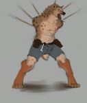  angry anthro bdsm bondage bound clothed clothing eyrich fur growling half-dressed hyena male mammal open_mouth rope short shorts solo teeth tools topless 