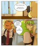  2014 anthro anthrofied arnachy blonde_hair blue_eyes bow clothing comic dialogue duo earth_pony english_text equine eyes_closed female freckles friendship_is_magic green_hair hair hi_res horse inside lying mammal ms_harshwhinny_(mlp) ms_peachbottom_(mlp) my_little_pony necktie pony sleeping text 