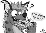  ? angry beard canine car claws english_text facial_hair fangs fur greyscale hair hyena macro male mammal metalsmile monochrome oral_vore teeth text tongue tongue_out vore 