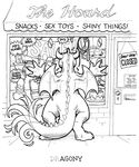  4_fingers ambiguous_gender anthro anxious cake cd claws closed computer dildo dragon food helvetica_(artist) horn humor laptop monochrome plain_background rear_view scalie sex_shop sex_toy shop solo tiny_wings western_dragon white_background window_shopping wings 