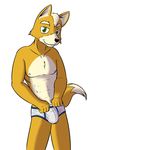  abs anthro black_nose briefs bulge canine clothed clothing fox fox_mccloud fur fuze green_eyes happy looking_at_viewer male mammal nintendo nipples pinup plain_background pose skimpy solo standing star_fox underwear video_games white_background white_fur yellow_fur 