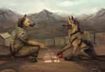  2014 anthro ball canine cards clothing collar coyox dog domestic duo feral flag fur game german_shepherd male malinois mammal military open_mouth paws playing shirt sitting smile tongue tongue_out weapon 