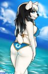  2014 anthro beach bear bikini blue_eyes clothing digital_media_(artwork) facial_piercing female lip_piercing looking_at_viewer looking_back mammal outside piercing porin seaside solo swimsuit 