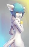  blue_hair butt cat chest_tuft different_colored_eyes dyed_hair feline female fur hair hair_over_eyes looking_back mammal pretty realistic remonpie sad standing straight_hair tuft white_fur 