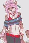  2013 anthro blue_eyes chest_tuft clothing ear_piercing fangs feather female fur hair kittentits looking_at_viewer midriff navel necklace pants piercing pink_hair saber_tooth_tiger sabertooth solo spots tuft 