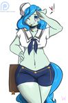  ! &lt;3 anthro arnachy bedroom_eyes blue_eyes blue_fur blue_hair blush clothing costume digital_media_(artwork) equine fan_character female fur hair horse long_hair looking_at_viewer mammal midriff my_little_pony navel plain_background pony sailor sailor_uniform saluting smile solo standing uniform 