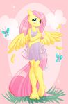  2014 anthro anthrofied barefoot blue_eyes blush dress ellisarts equine feathers female fluttershy_(mlp) friendship_is_magic fur hair hindpaw long_hair looking_away mammal my_little_pony paws pegasus pink_hair smile solo standing wings yellow_feathers yellow_fur 