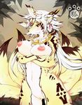  abstract_background anthro breasts canine dragoon86 ear_piercing female fox fur hair japanese jewelry mammal multiple_tails nipples nude piercing pussy smile solo teeth white_hair yellow_eyes yellow_fur yellow_skin 