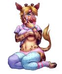  anthro blonde_hair breasts cassetterecorder clothed clothing crookedtrees cum cum_on_face female giraffe gretchen hair leg_warmers legwear mammal navel panties solo tongue underwear 
