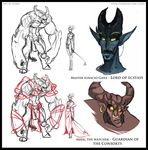  akkal atryl blue_scales clothed clothing demon digital_drawing_(artwork) digital_media_(artwork) duo ganz hi_res horn humanoid male nude penis plain_background red_scales size_difference sketch white_background 