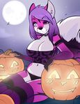  2014 anthro black_nose breasts canine clothed clothing collar female fox hair halloween holidays long_hair looking_at_viewer mammal moon navel one_eye_closed outside pumpkin selene_(boha) shadow solo zyira 