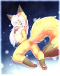  anthro big_ears black_markings butt canine chest_tuft female fox fur green_eyes hair hazukikai kneeling long_hair looking_at_viewer mammal markings nude open_mouth pawpads paws pussy rear_view solo tuft white_hair yellow_fur 