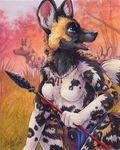  2014 african_wild_dog blue_eyes breasts canine clothed clothing female half-dressed hunter loincloth looking_back mammal necklace outside polearm silentravyn solo spear tongue tongue_out topless tribal 
