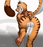  2014 anthro anus butt feline female green_eyes mammal monkeyspirit nude plain_background presenting presenting_hindquarters pussy solo stripes tiger tongue tongue_out white_background 