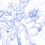  anthro big_breasts blue_and_white breasts cleavage clothed clothing delphox female fire fluffy_tail fur inner_ear_fluff looking_at_viewer nintendo nipple_bulge pok&eacute;mon pok&eacute;morph sketch smile solo stick stormclad video_games wide_hips 