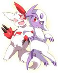  absol ambiguous_gender blush claws cute duo embrace fangs fluffy_tail grin nintendo open_mouth pok&eacute;mon red_eyes saya26 simple_background video_games zangoose 