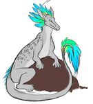 2011 ambiguous_gender blue_eyes colorful concept_art dragon feral fur green_fur grey_skin looking_back lying saruki scales scalie solo 