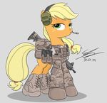  2014 applejack_(mlp) boots camo clothed clothing earth_pony equestrian_marine equine female feral freckles friendship_is_magic green_eyes gun headset horse mammal military my_little_pony plain_background pony ranged_weapon rifle scissors solo weapon 