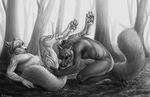  2014 anthro arctic_fox balls butt canine claws cross_fox duo ear_piercing erection fox fur gay greyscale kneeling lying male mammal markings monochrome nude on_back outside paws penis piercing puquanah rukis smile tree 