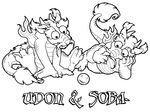  3_toes 4:3 ball big_eyes chinese_dragon claws curious cute dragon duo facial_hair fair fur helvetica_(artist) horn male monochrome orb plain_background scalie soba toes udon whiskers white_background 