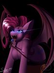  anthro anthrofied black_background breasts candy cutie_mark demon equine female friendship_is_magic fur glowing glowing_eyes hair horse licking lollipop long_hair mammal my_little_pony nipples pinkie_pie_(mlp) plain_background pony saliva silverfox057 smile solo teeth tongue tongue_out tuft wings 