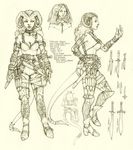  armor cleavage clothed clothing dagger english_text female ghostfire horn humanoid knife lips model_sheet monochrome solo sword text tiefling unconvincing_armor weapon 