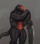  abs anthro biceps dragon flaccid humanoid_penis krokodainer male muscles penis scalie solo sword thick_tail uncut weapon yellow_eyes 
