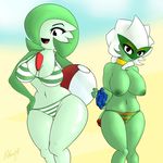  2014 areola ball big_breasts blush breasts chubby clothing collar duo female gardevoir green_hair hair hair_over_eye humanoid looking_at_viewer natural_breasts navel nintendo nipples open_mouth pittsworth pok&eacute;ball pok&eacute;mon roserade shy swimsuit topless video_games white_hair wide_hips 