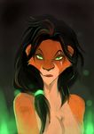  anthro black_hair breasts crossgender disney feline female fur glowing glowing_eyes green_eyes hair lion looking_at_viewer lotusgarden mammal nude open_mouth scar scar_(the_lion_king) solo the_lion_king 