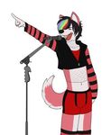  anthro arm_warmers black_nose canine clothing dog girly hair husky klace legwear looking-down-from-the-moon low_res male mammal microphone multicolored_hair open_mouth plain_background popstar solo stockings striped_armwear underwear white_background 