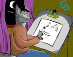  2014 anthro black_eyes canine clothing colored drawing fur grey_fur male mammal night painting shaded sitting sketch smile solo table the_great_wolfgang window wolf 