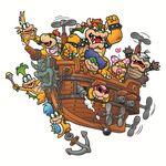  absurdres aircraft airship anchor blue_hair bow bowser bowser_jr. cannon cannonballs green_hair heart highres iggy_koopa larry_koopa lemmy_koopa ludwig_von_koopa mario_(series) morton_koopa_jr. multicolored_hair no_humans official_art one_eye_closed rainbow_hair red_hair roy_koopa sunglasses super_mario_bros. turtle wendy_o._koopa 