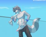  akaro anthro bluemaster erection looking_at_viewer lukiro male mammal outside penis piercing raccoon solo topless towel uncut 