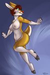  2014 abstract_background anthro blue_eyes breasts cervine deer female hair mammal nude pinup pmoss pose red_hair smile solo 
