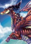  2014 age_difference ambiguous_gender bite clinging cloud cloudscape cub cute dragon father feral flying gweek holding_on horn looking_back neck_grab on_top outside parent red_scales scalie scared sharp_teeth size_difference sky slit_pupils smile spines teeth wide_eyed wings young 