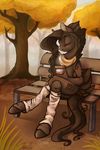  2014 anthro bench brown_hair casynuf coffee crossed_legs cup cutie_mark equine eyes_closed fan_character female friendship_is_magic hair horse leaves long_hair mammal my_little_pony park scarf sitting smile solo tree 